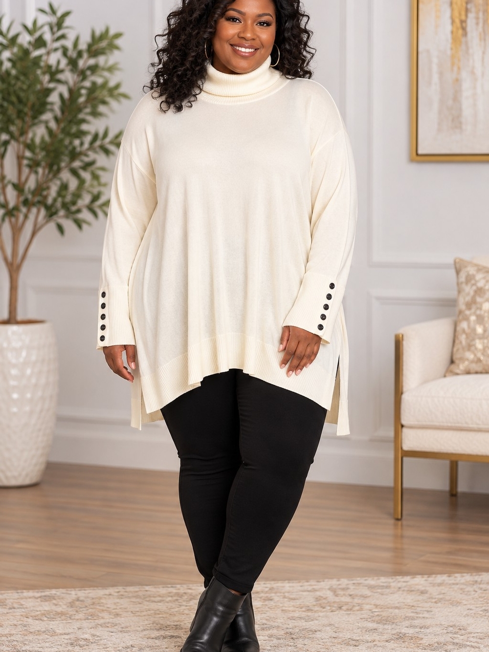 DG2 by Diane Gilman 2X Ivory Turtleneck Tunic Sweater Button Cuffs